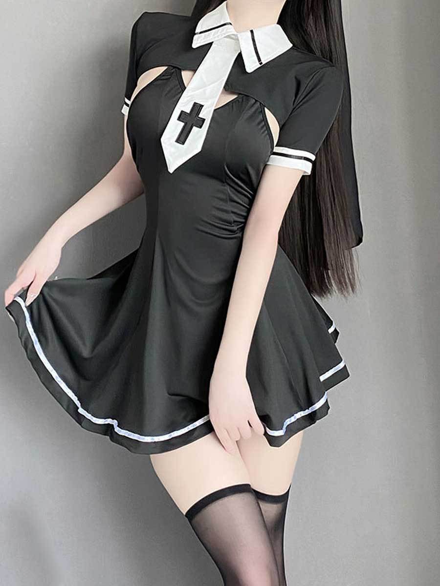 コスプレ エロ い セクシー修道女衣装 黒色スリット入りドレス